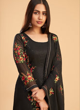 Flower Design Salwar Suit in Black